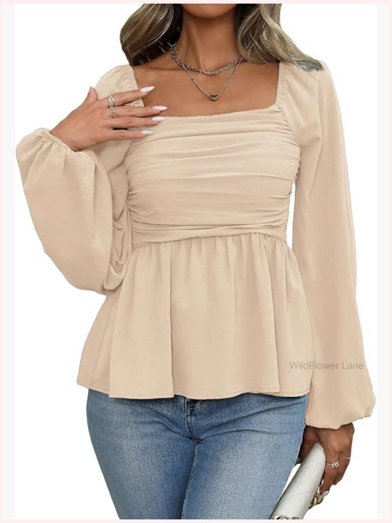 Women's Bishop Long Sleeve Ruched Square Neck Ruffle Hem Peplum Blouse Top